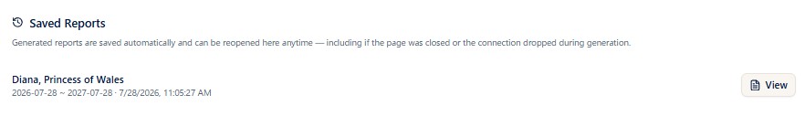 The list of saved reports (subject, forecast period, creation time, and the View button)