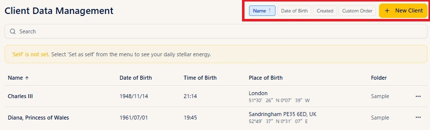 The birth data list (the sort buttons at the top right)
