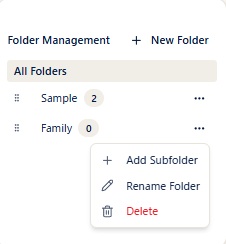 Folder management (add subfolder, rename, and delete from the three-dot menu)