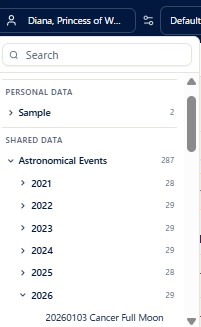 The Shared Data section (astronomical events) in the birth data picker