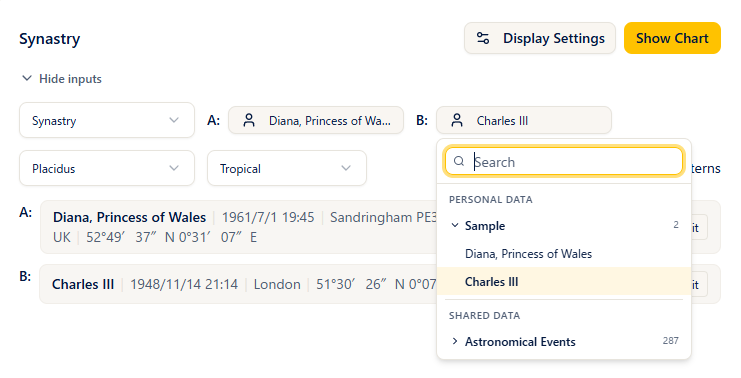 The double wheel input fields (with B's birth data picker open)