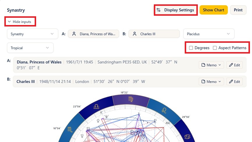 Display and printing for the double wheel (display settings, hide inputs, degrees, aspect patterns, print)