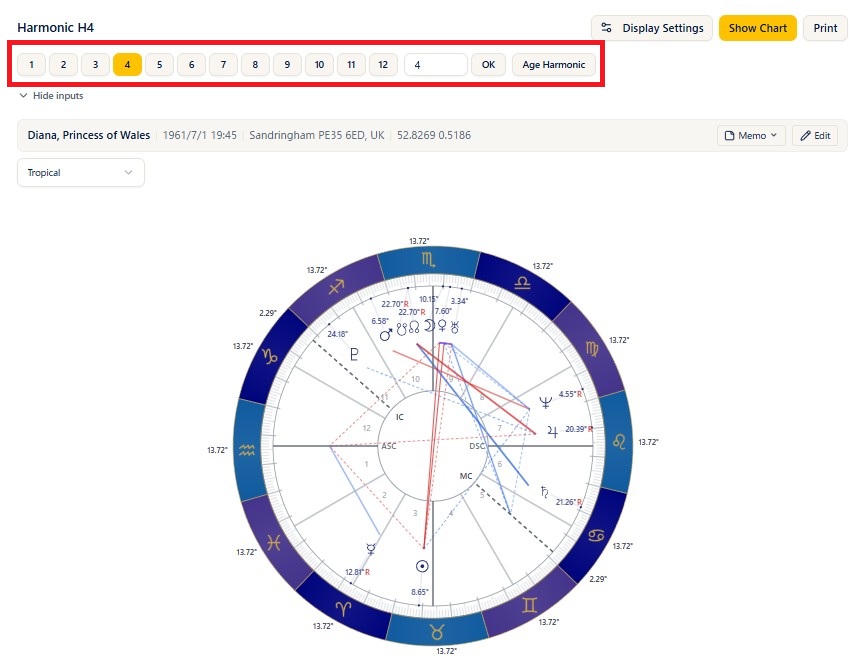 The harmonic input fields (presets 1-12, custom entry, and age harmonic)