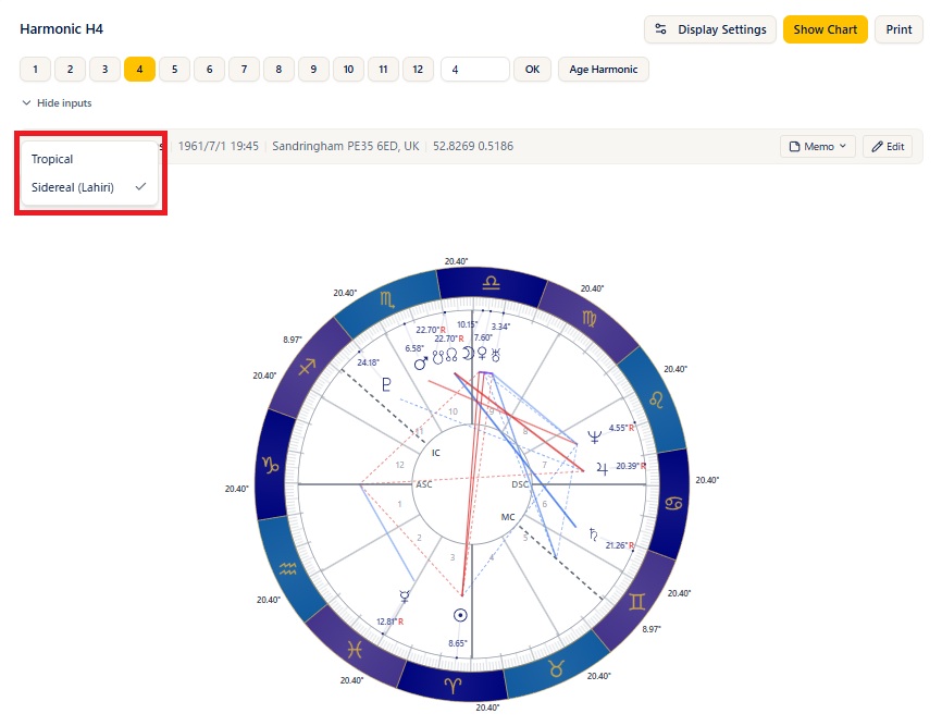 The zodiac selector (Tropical / Sidereal (Lahiri))