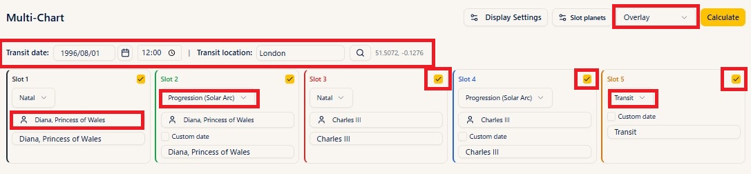 The multi-chart slot settings (chart type, birth data, and the Enabled checkbox for each slot, with the transit date and location at the top)