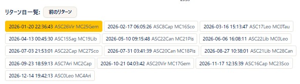 The list of return dates (a lunar return, with the date on display highlighted in yellow)