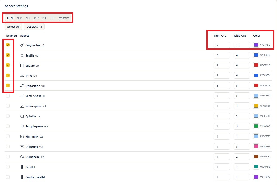 Aspect settings (per-type checkboxes, orbs, and colors)