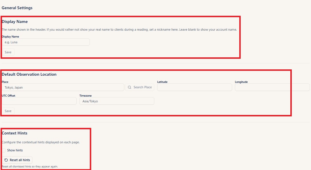 General settings (display name, default observation location, context hints)