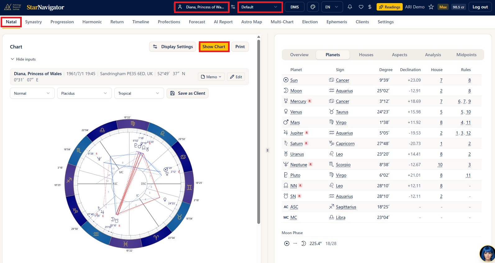 The Natal screen. Choose birth data and a preset in the header, open Natal from the menu, and press Show Chart (the red boxes mark the controls). The chart appears on the left and the data tabs on the right