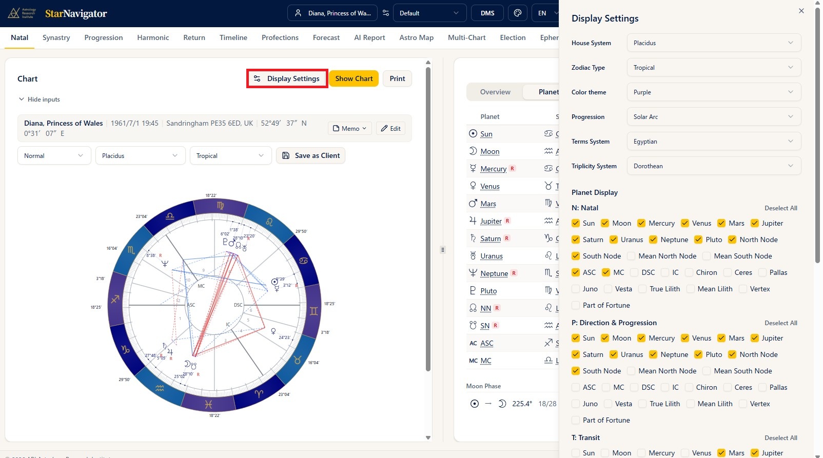 The Display Settings panel. Pressing the Display Settings button on the chart screen (red box) opens it on the right, where you can switch the house system, zodiac, color theme, and progression method, along with the planets shown per N/P/T and the aspect settings, on the spot