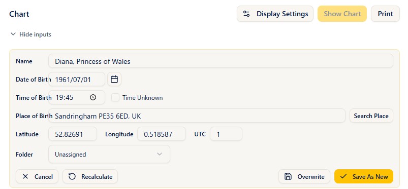 The birth data edit form opened with the edit button. Correct the name, date, time, and place of birth, recalculate, and keep the result with Overwrite or Save As New