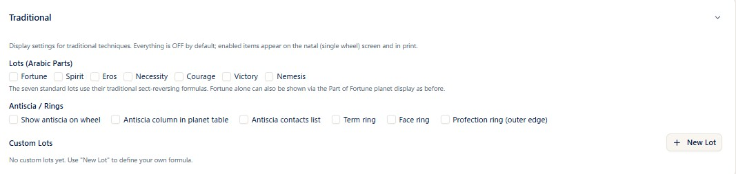 The Traditional section expanded on the settings screen, with the seven lot checkboxes, the six antiscia and ring options, and the New Lot button