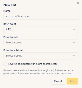 The New Lot dialog with fields for the name, base point, point to add, and point to subtract, plus the sect reversal checkbox