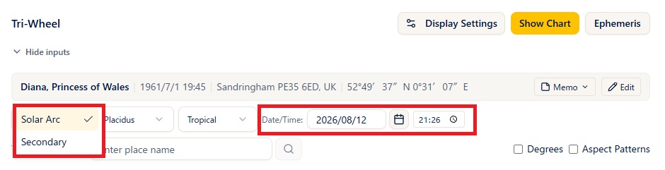 The tri-wheel input fields (the direction type selector and the transit date)
